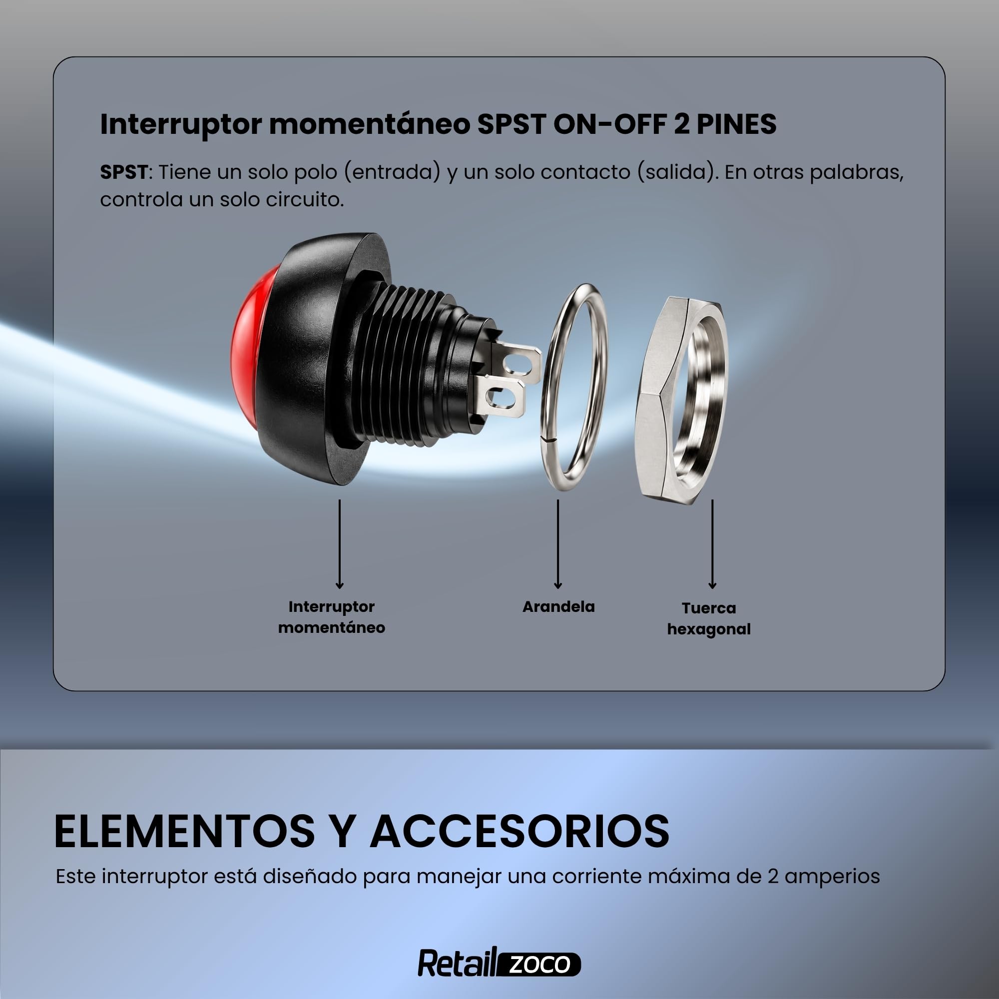 Botón Pulsador Momentáneo, Botón Auto Reinicio, 12V 2A, Rojo, 1 Unidad - imagen 5