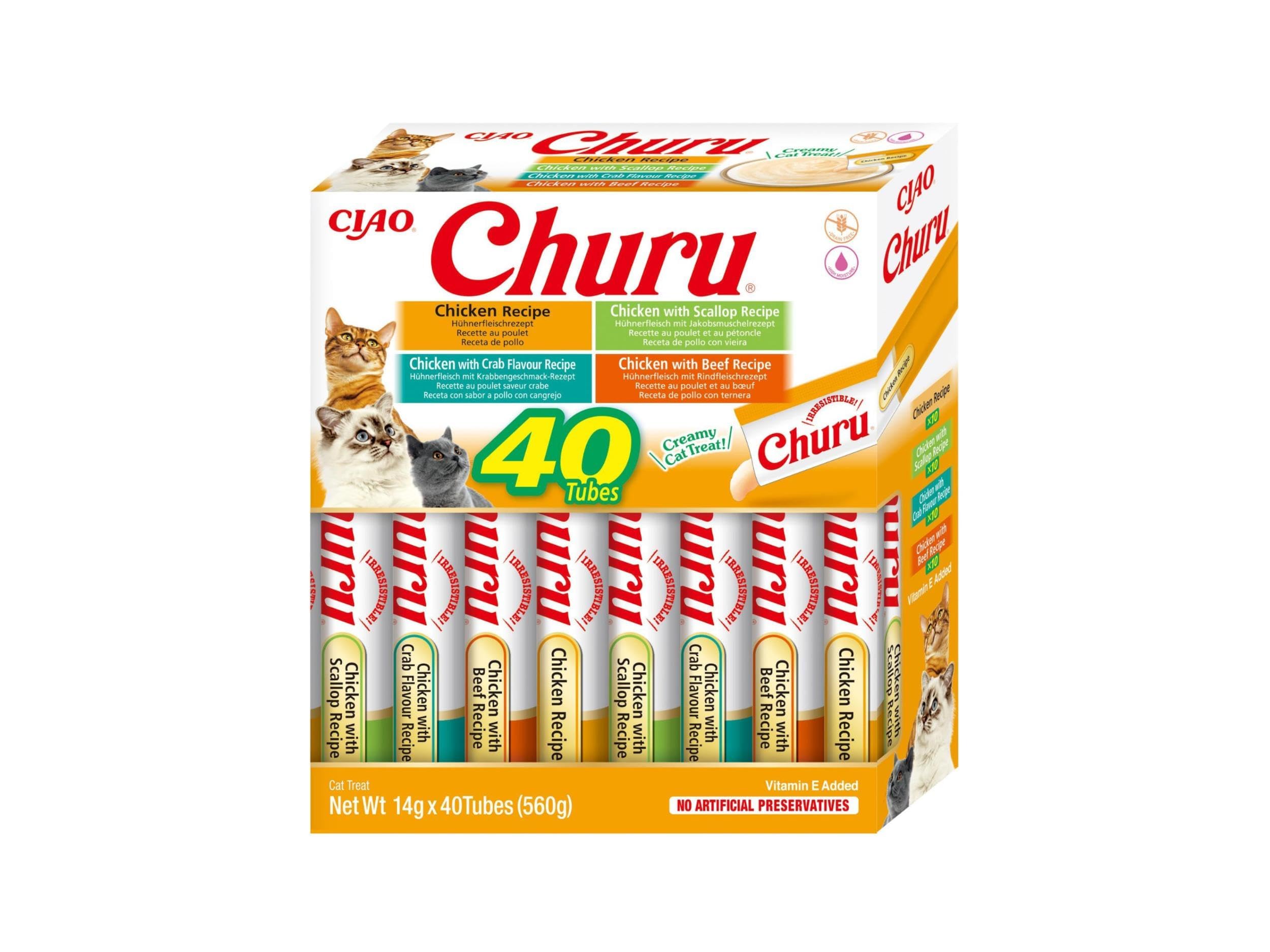 INABA Churu - Friandises pour Chats en Purée aux 4 Saveurs de Poulet - Délicieux Snacks pour Félins - Texture Lisse et Onctueuse - Nourriture pour Chats - 40 Tubes x 14g