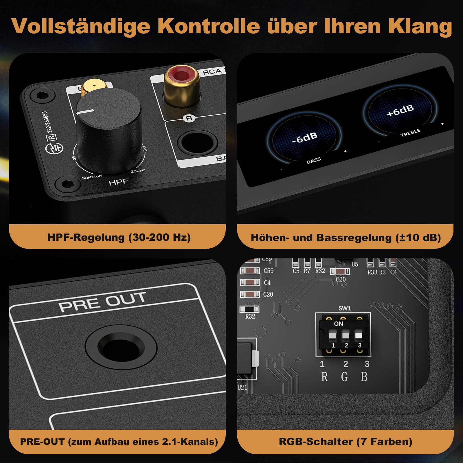 D1 2-Kanal Bluetooth Verstärker HiFi 300W×2 Stereo Amplifier mit HPF, VU-Meter, SUB Pre-Out, TRS-Eingang, Klangregelung & Fernbedienung