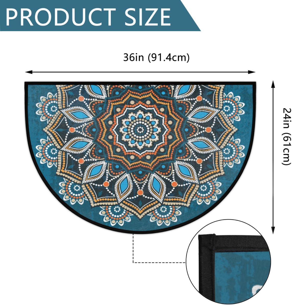 Half Round Door Mat - Indoor Outdoor Bohemian Mandala Half Circle Rug for Entryway, Bathroom, Kitchen, Living Room - Washable Non-Slip Half Moon Mat with Boho Floral Vintage Design - Small Floor Mat