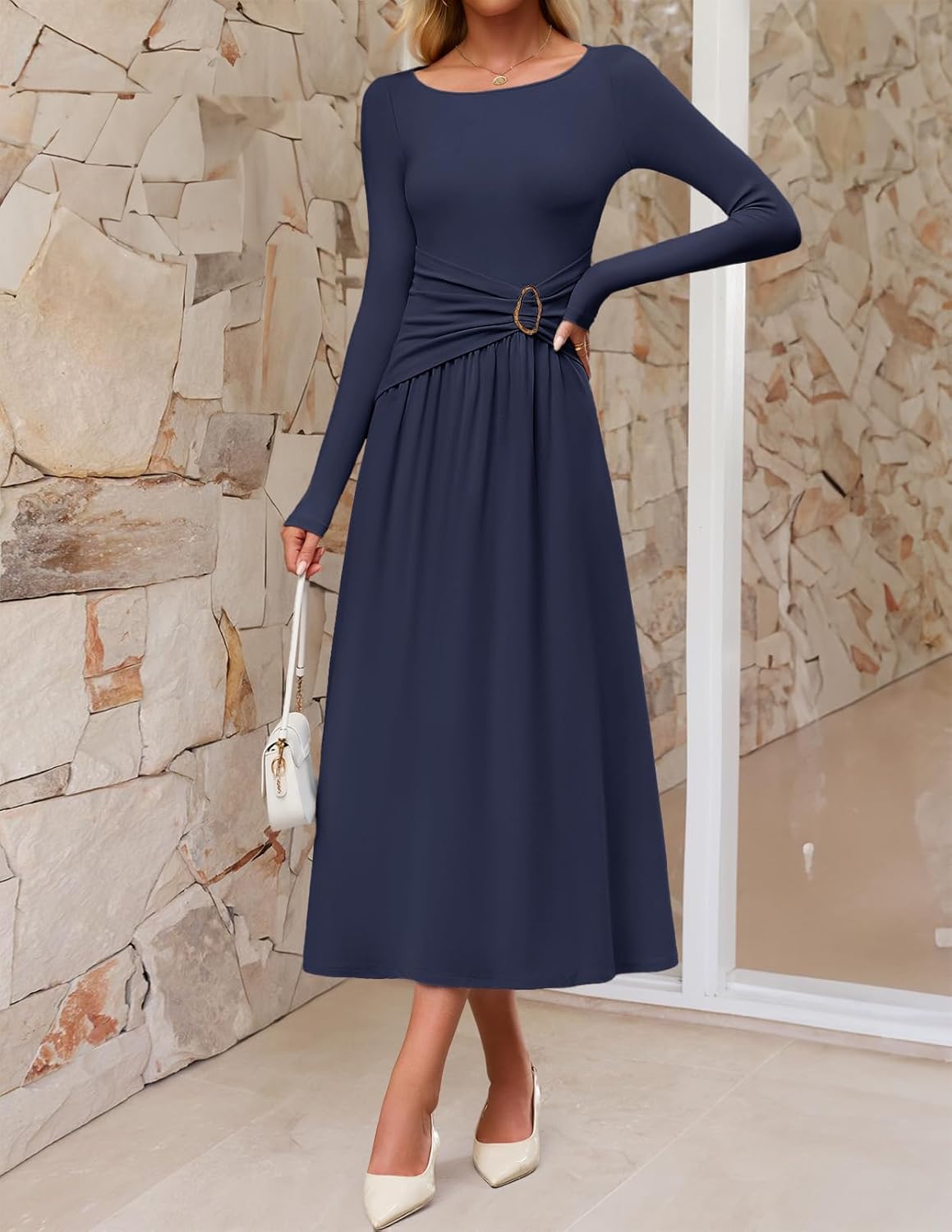 MEROKEETY Women's 2025 Fall Long Sleeve Midi Dress Elegant Boat Neck Ruched Swing Cocktail Party Dresses - Image 4