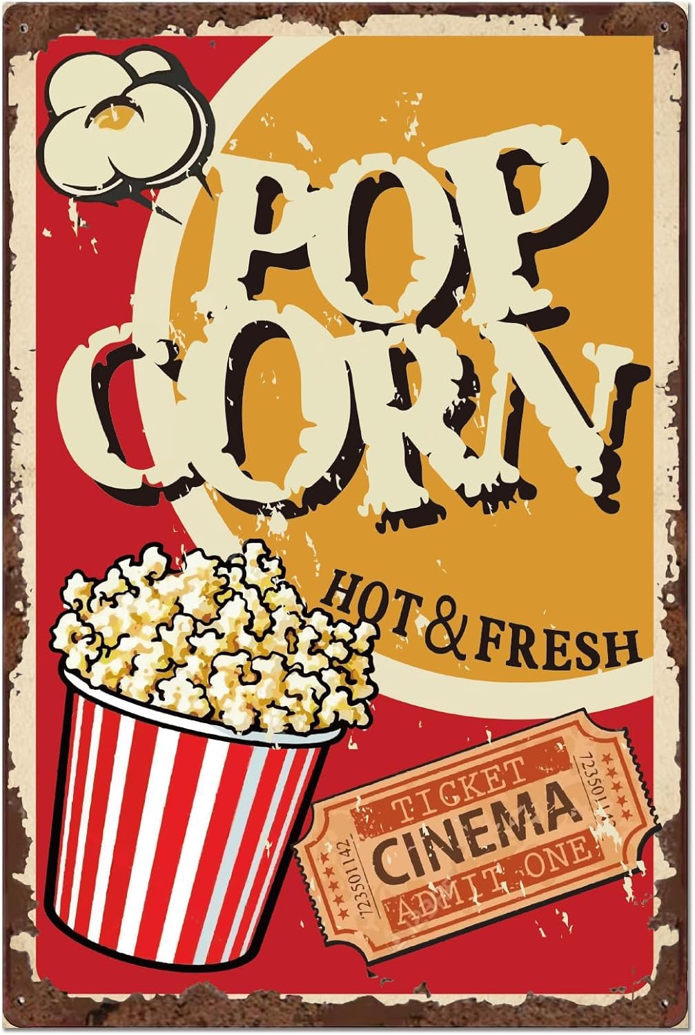 SMAZDFXX Popcorn Vintage Tin Sign Movie Theater Store Decor Restaurant Metal Plaque Retro Wall Art Poster Decor for Bar Playroom Cinema Accessories 8"x12"