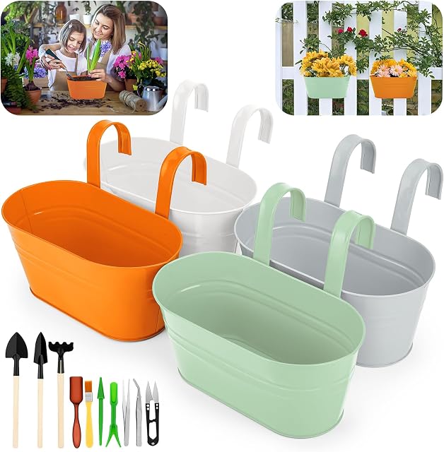GIOVARA Metal Hanging Flower Pots, 27.5cm Large Garden Planter with Detachable Hook, 4Pcs Colorful Plant Pot without Drainage Hole for Balcony Home Garden Decor(4 Colours)