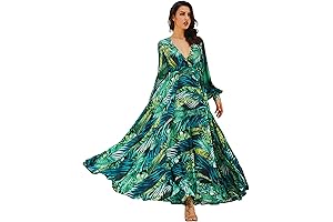 Women's Flowy Chiffon Print V Neck Long Sleeve Tie Waist Boho Maxi Dress