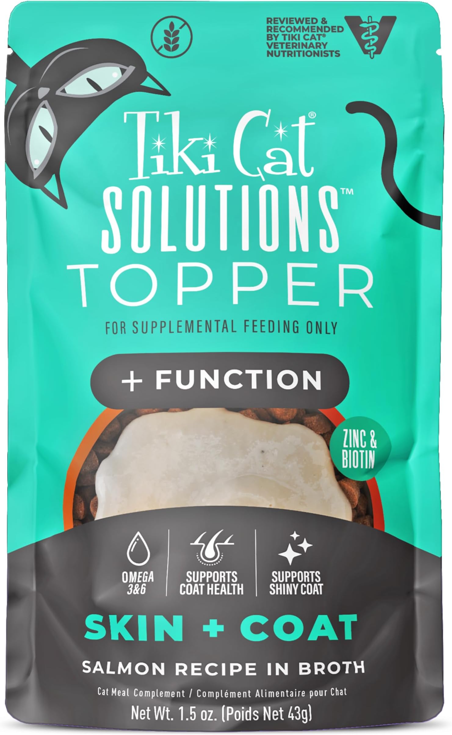 Tiki Cat Solutions Topper, Skin + Coat, Salmon Recipe in Broth, 1.5 oz. Pouch (12 Count)