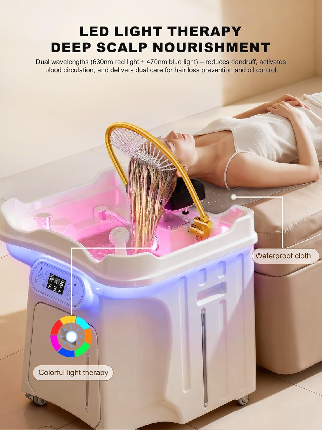 Japanese Head Spa Equipment, Water Circulation & Fumigation, Height Adjustable, 58% Energy Saving 1600W, IPX4, 25L Waste Tank, for Home Salon Scalp Care