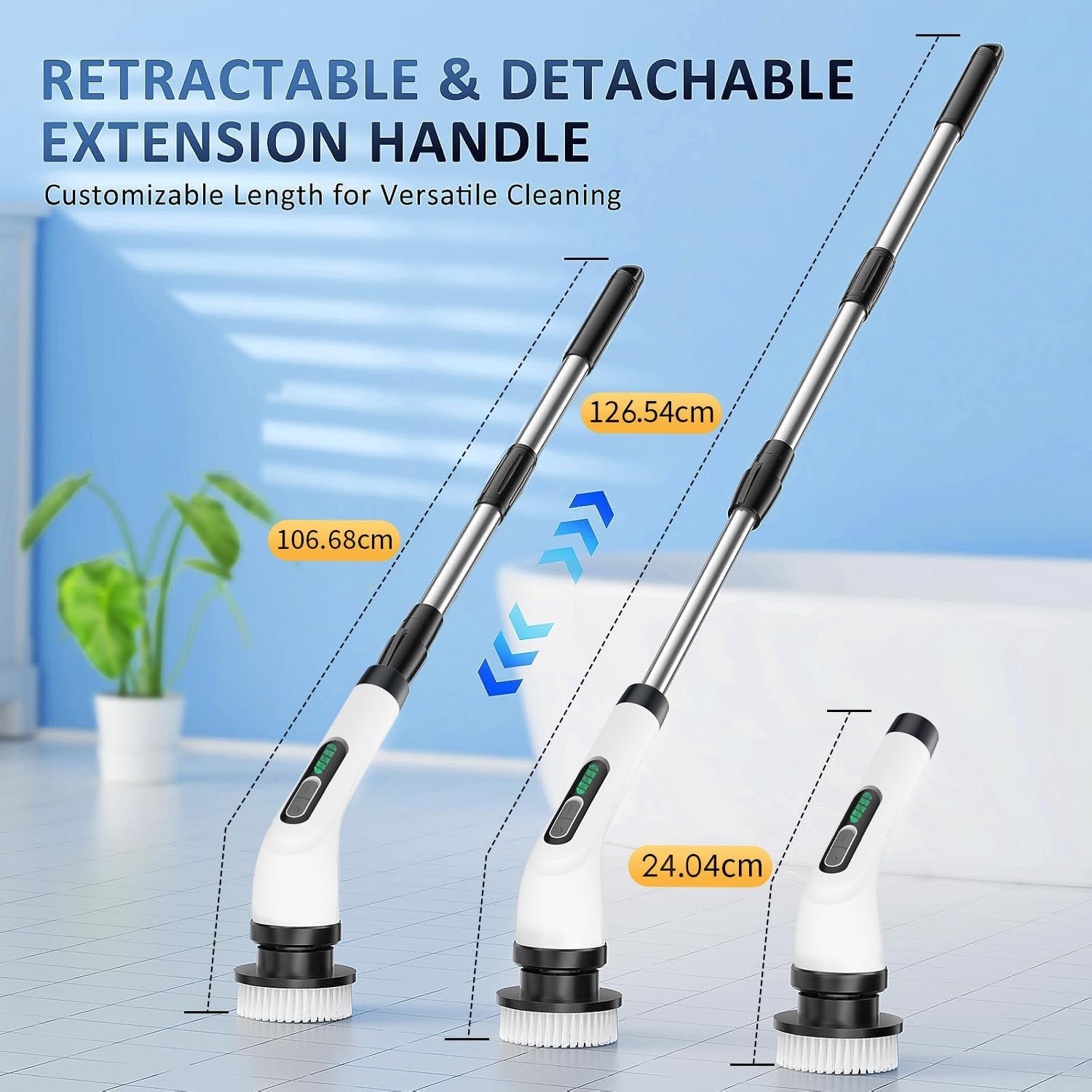 FYDEE Spazzola Rotante Pulizia Casa, Spazzola Elettrica per Pulizia con 7 Testine Sostituibili, Impermeabile IPX7, Spazzola Pulizia a Manico Lungo Regolabile per Pavimenti, Bagno, Vasca, Piastrellato