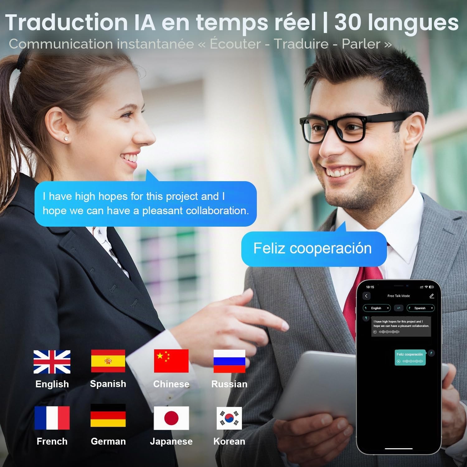 AI Smart Glasses 4K Caméra HD 290mAh 800W Lunettes de caméra avec Enregistrement vidéo, Traduction simultanée/Identification d'objet GPT, lentilles photochromiques