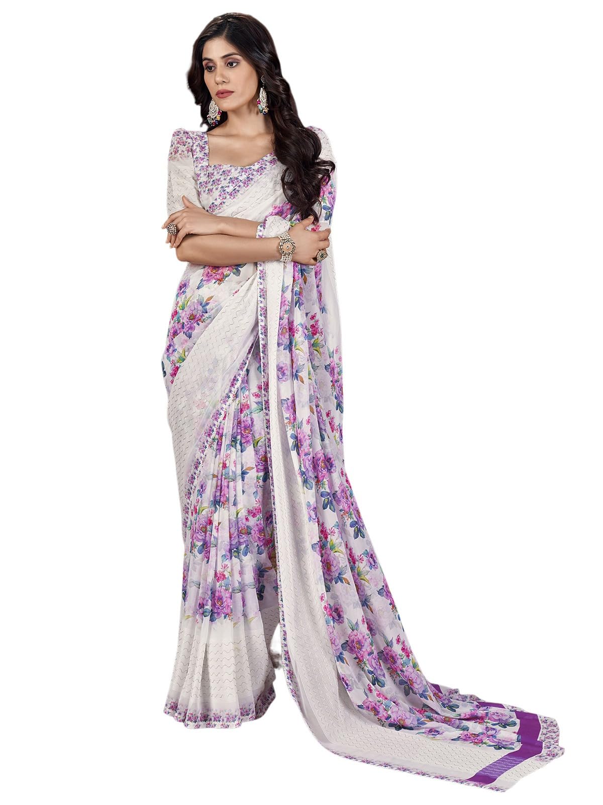 Satrani Women's Floral Printed & Woven Border Georgette Saree (4005S109N_White & Purple2)