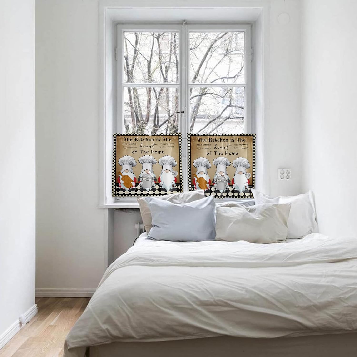 Chef Gnomes Tier Curtains 36 Inch Length, The Kitchen is the Heart of the Home Black White Buffalo Plaids Rod Pocket Curtains Set of 2 Panels, Small Window Treatment Tiers for Cafe Bathroom, 55"x36"