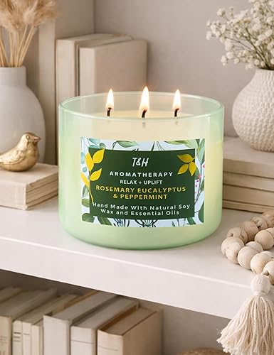 Miniatura 8 de Vela de soja de 3 mechas de eucalipto y romero, 15.8 onzas, vela grande de eucalipto para aliviar el estrés para el hogar, velas de relajación de