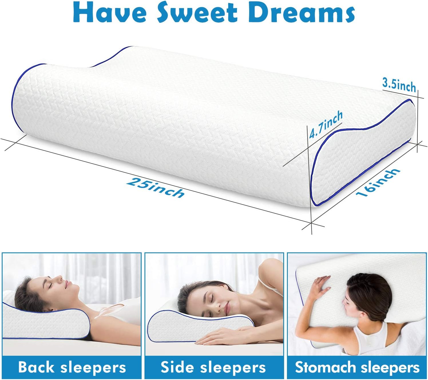 GREHOME Memory Foam Pillow, Pillows for Sleeping, Cervical Pillow for Neck, Shoulder Pain, Contour Pillow for Back, Stomach, Side Sleepers with Removable Washable Pillowcase -16 x 25 x 3.5/4.7 inches