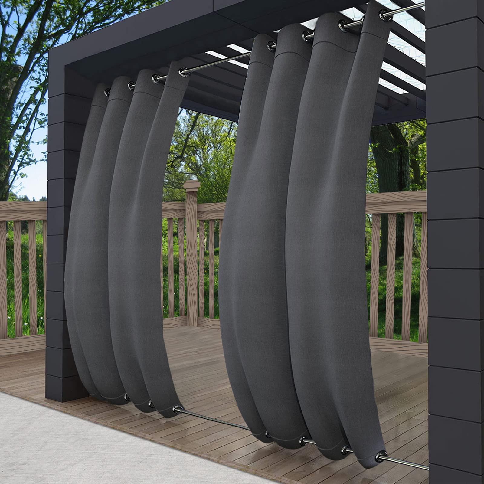 Lot de 2 rideaux occultants imperméables à isolation thermique et coupe-vent avec œillets en aluminium pour terrasse, pour tonnelle (132,1 x 213,4 cm, gris foncé)