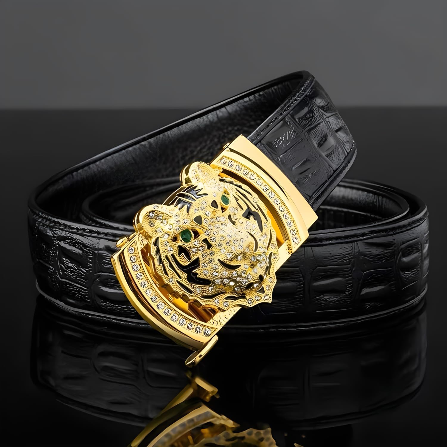 VJK Luxury Men's Belts Gold Tiger Head Automatic Buckle Alloy, PU Leather Men Waist Strap, Slide Easier Adjustable Belt, Cut To Fit, Men Dress Casual Ratchet Belt (49in) - Image 2