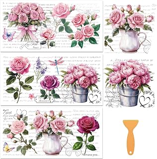 3 Sheets Rub on Transfers for Crafts and Furniture,Vintage Floral Rose Flowers,Cold IOD Transfers Stickers,Rub on Transfer Stickers for Wood,Paper,Glass,Desk,DIY Home Decor(11.8x5.9 Inch)