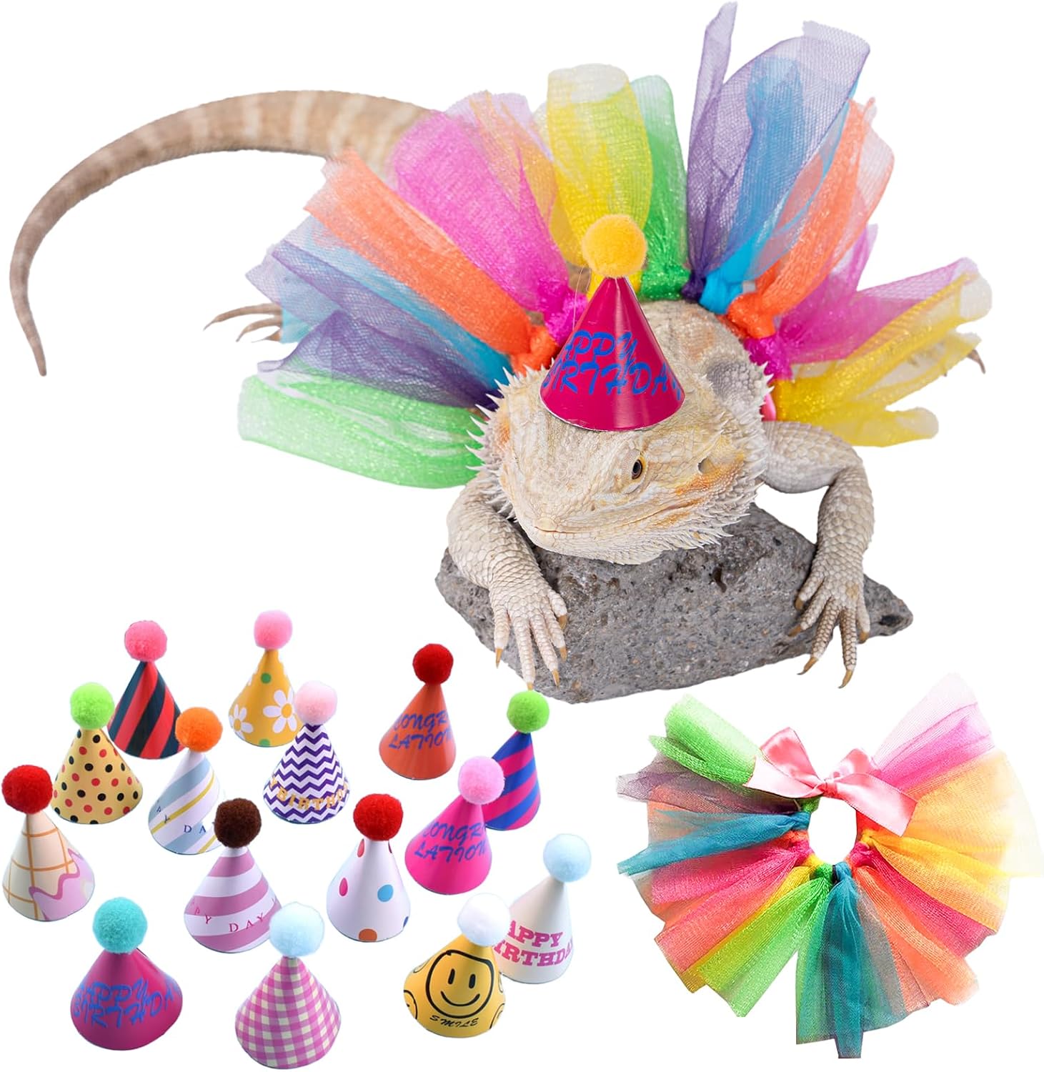 15Pcs Bearded Dragon Hats & Lizard Adjustable Tutu Skirt Bearded Dragon Birthday Party Outfits for Reptile Lizard Gecko Small Pet Animals