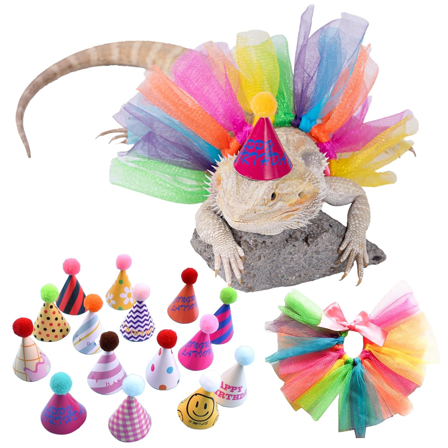 15Pcs Bearded Dragon Hats & Lizard Adjustable Tutu Skirt Bearded Dragon Birthday Party Outfits for Reptile Lizard Gecko Small Pet Animals