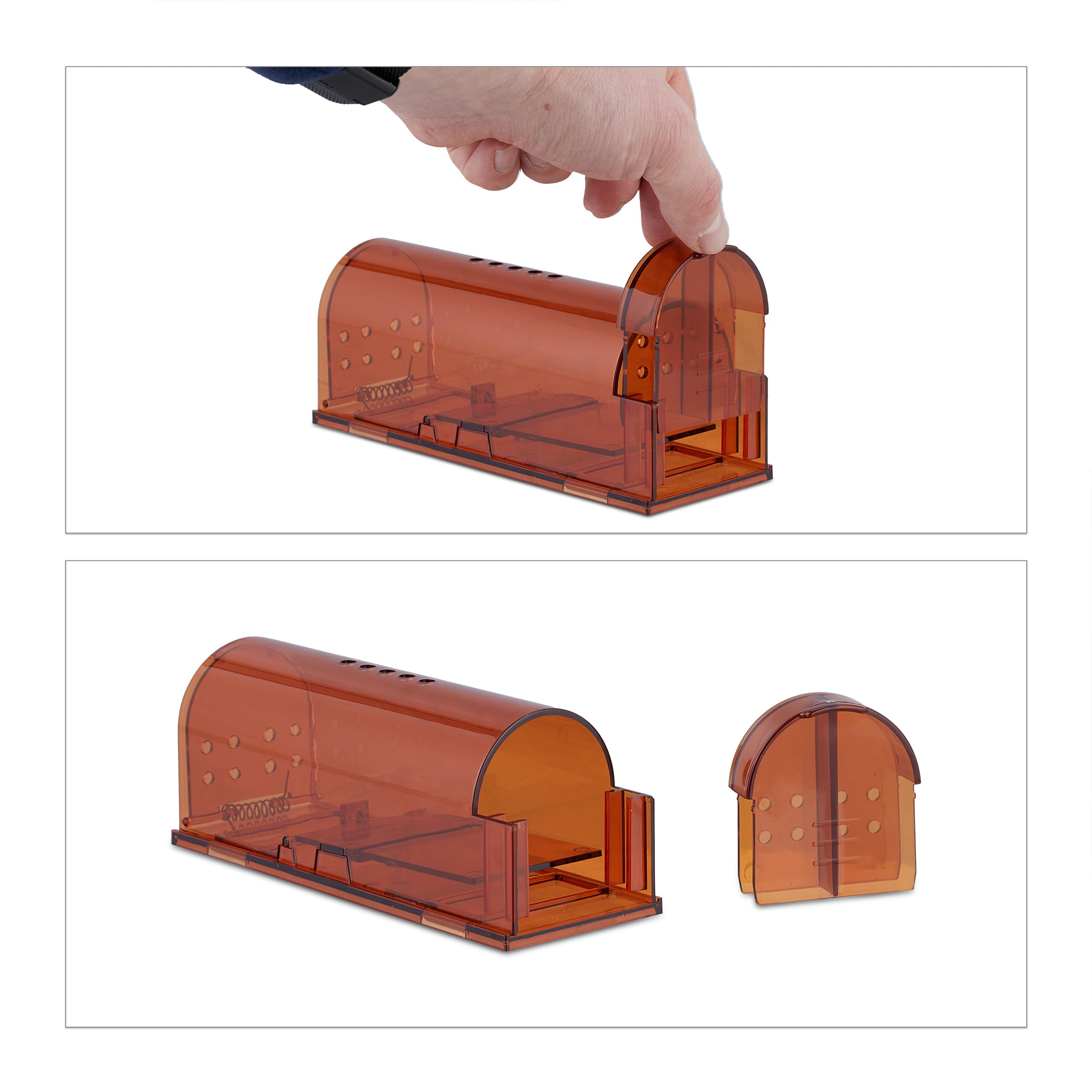 Relaxdays Trappola per Topi Vivi, Set da 2, Scaccia Roditori con Esca, HLP 6,5x17x6 cm, Mouse Trap Non Letale, Arancioni