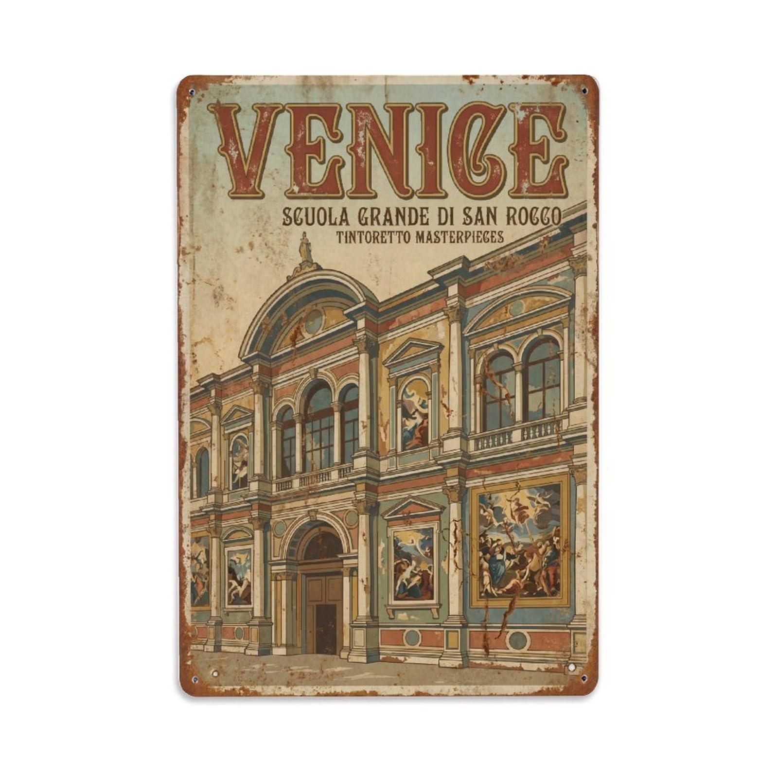 Vintage Travel Venice Scuola Grande San Rocco Renaissance Building Rusted Italy Metal Tin Sign Plaque Wall Decor for Cafe, Club Bar, Office, Home Garden Metal Poster 8x12Inch