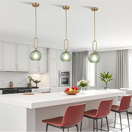 Miniatura 2 de Lámpara colgante de cristal verde moderna globo colgante iluminación nórdica acanalada dorada lámpara colgante de techo con varillas ajustables de