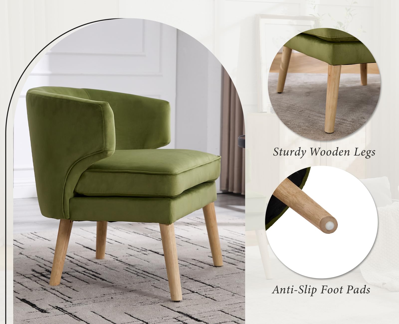 chairus Sessel Samt Einzelsofa mit Holzbeinen, Akzentstuhl Schlafzimmer Loungesessel mit Doppelkissen, Relaxsessel Wohnzimmer, Grün