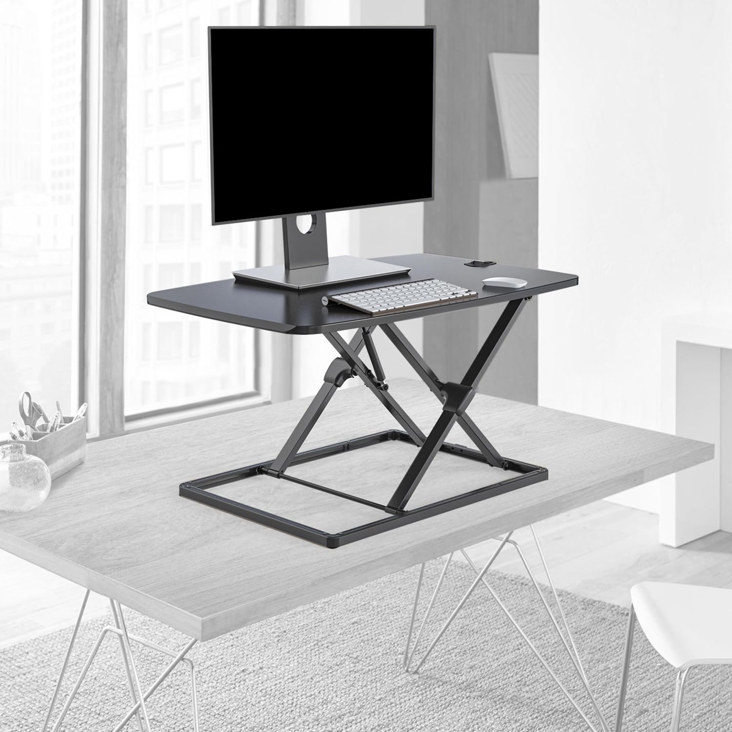 hjh OFFICE 802100 Sitz-Steh Schreibtischaufsatz VM-SA Alu 79,5 x 50 cm Aufsatz für Schreibtische, höhenverstellbar mit Gasfeder