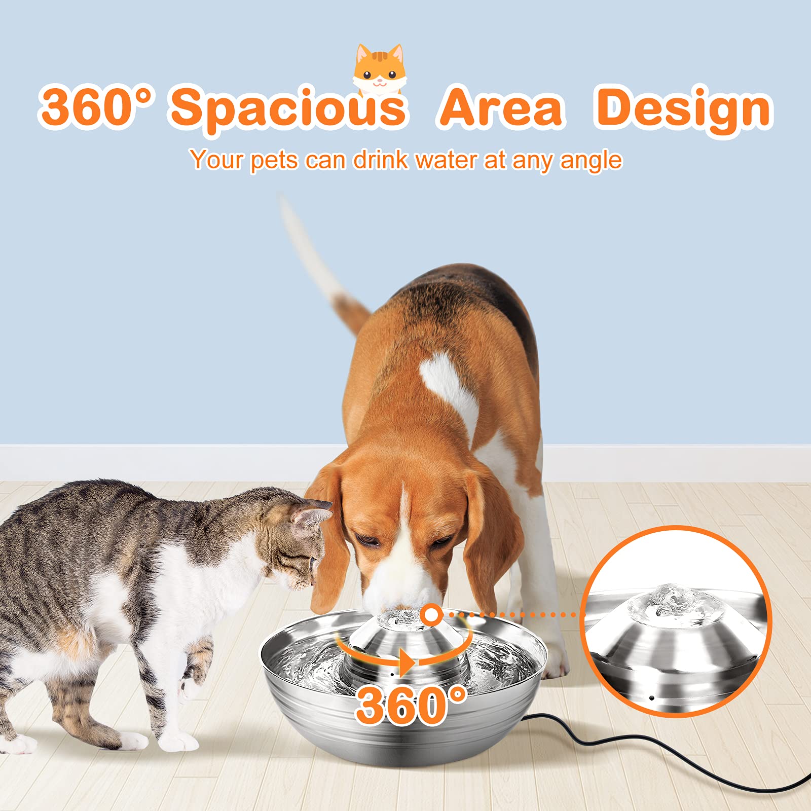 Cat Water Fountain, QILEBI 67 OZ /2 L Stainless Steel Dog Water Fountain with Filters & Ultra Quiet, Dishwasher Safe Pet Drinking Dispenser with Slicone Mat for Cats, Dogs - image 2