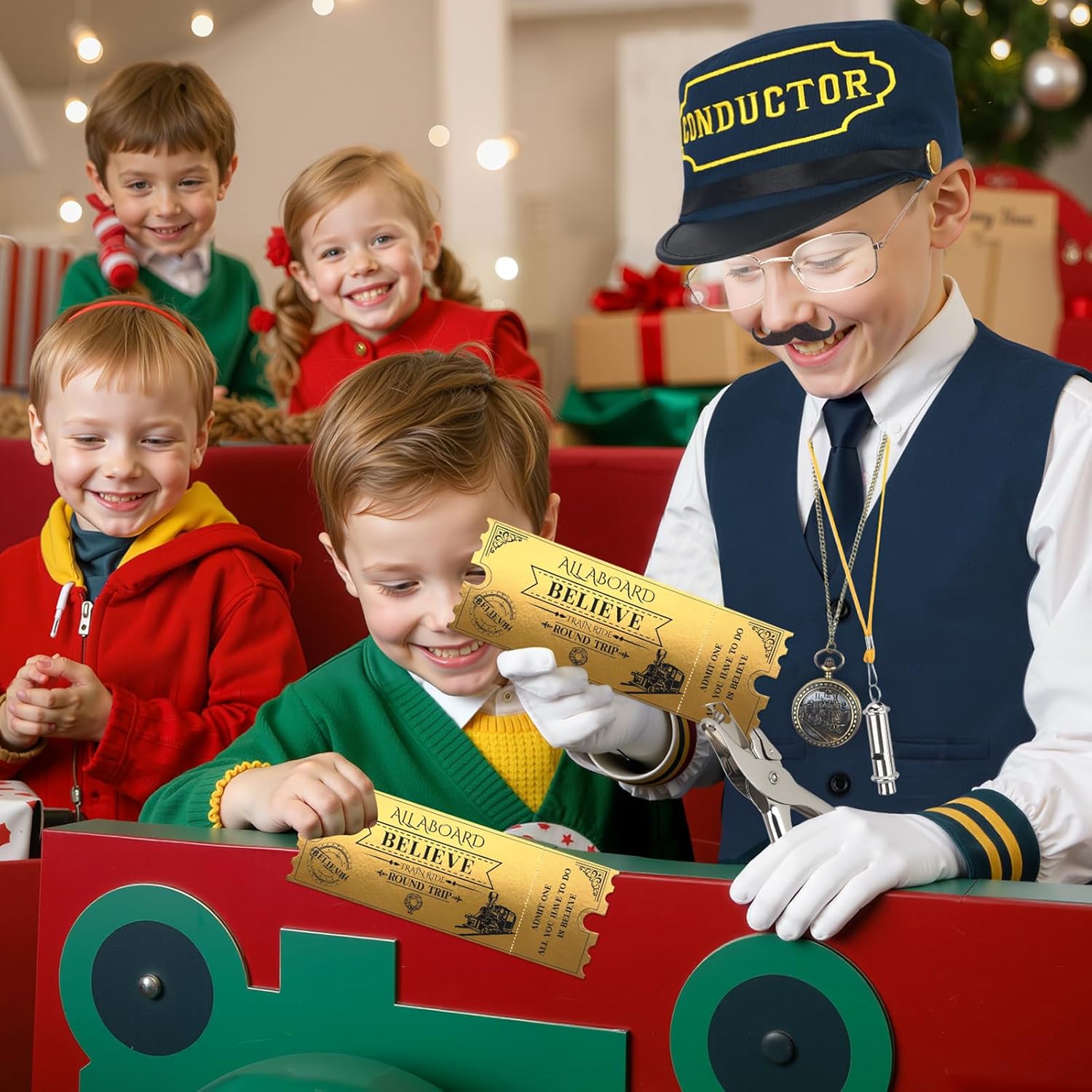 21 Pcs Train Conductor Costume Kids, Conductor Hat Vest Whistle, Believe Bells Train Pocket Watch Christmas Holiday Sticker