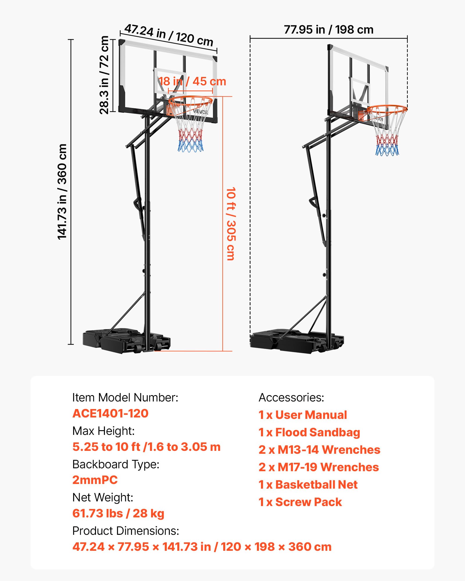 VEVOR Supporto da Basket Portatile Massimo 3,05 m Pallacanestro da Esterno con Piedistallo Regolabile in Altezza Design di Sollevamento, con Ruote e Tabellone PC da 1219,2 mm, per Cortili, Scuole