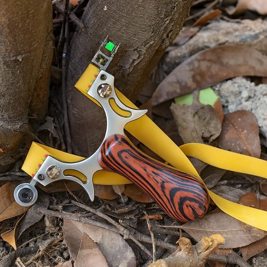 Profi Schleuder mit Zubehör – Slingshot Set mit Tonkugeln, Holzgriff, Wasserwaage, Ersatzgummi und Schild & Tragetasche – Hochwertige Zwille für Outdoor, Sport, Training & Survival