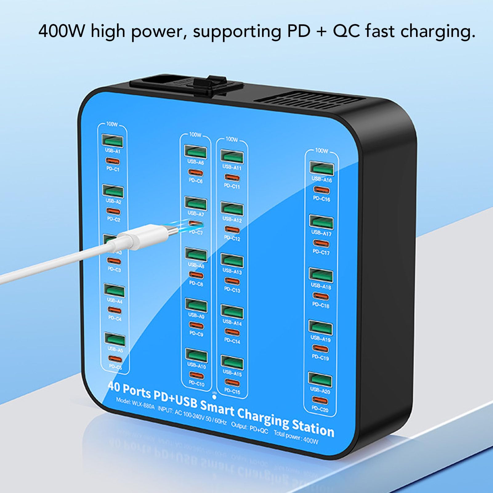 Sxhlseller Stazione di Ricarica USB a 20 Porte con Ricarica Rapida 20 PD, Caricabatterie Multidispositivo da 400 W per Smartphone, Laptop, Tablet, Doppie Ventole di Raffreddamento, per (Spina europea)
