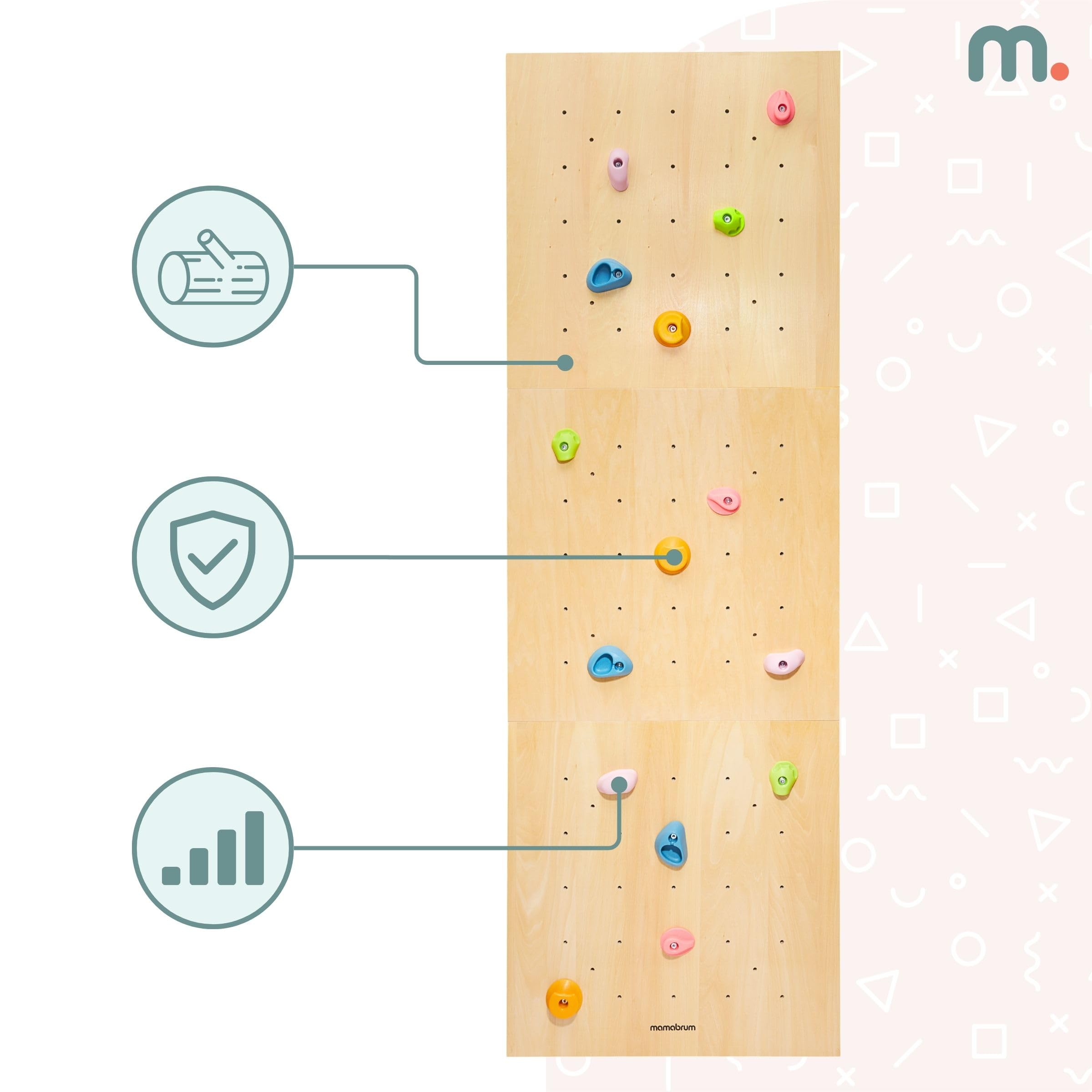 Mamabrum Holzkletterwand für Kinder mit 15 Griffen - 3 Montagepaneele mit Verstellbarkeit - Für Kinderzimmer - Max 100 kg - Ab 3 Jahre - Aktiver Homespaß
