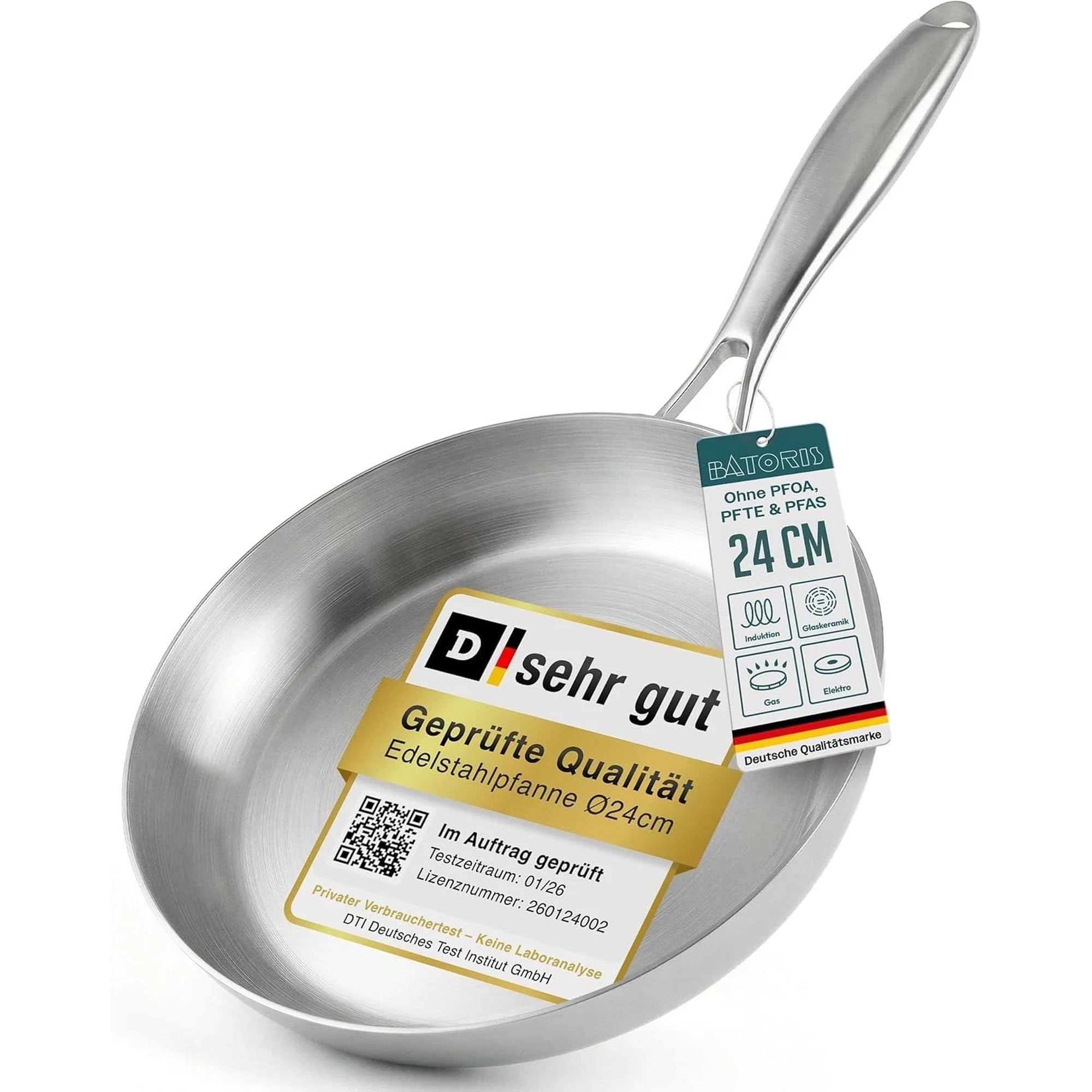 Edelstahlpfanne Unbeschichtet - Induktion - Profi Bratpfanne 24cm - Perfekt als Steakpfanne & Pastapfanne ohne Beschichtung - Brat- Universalpfanne frei von PFOA, PTFE & PFAS - Ofenfest