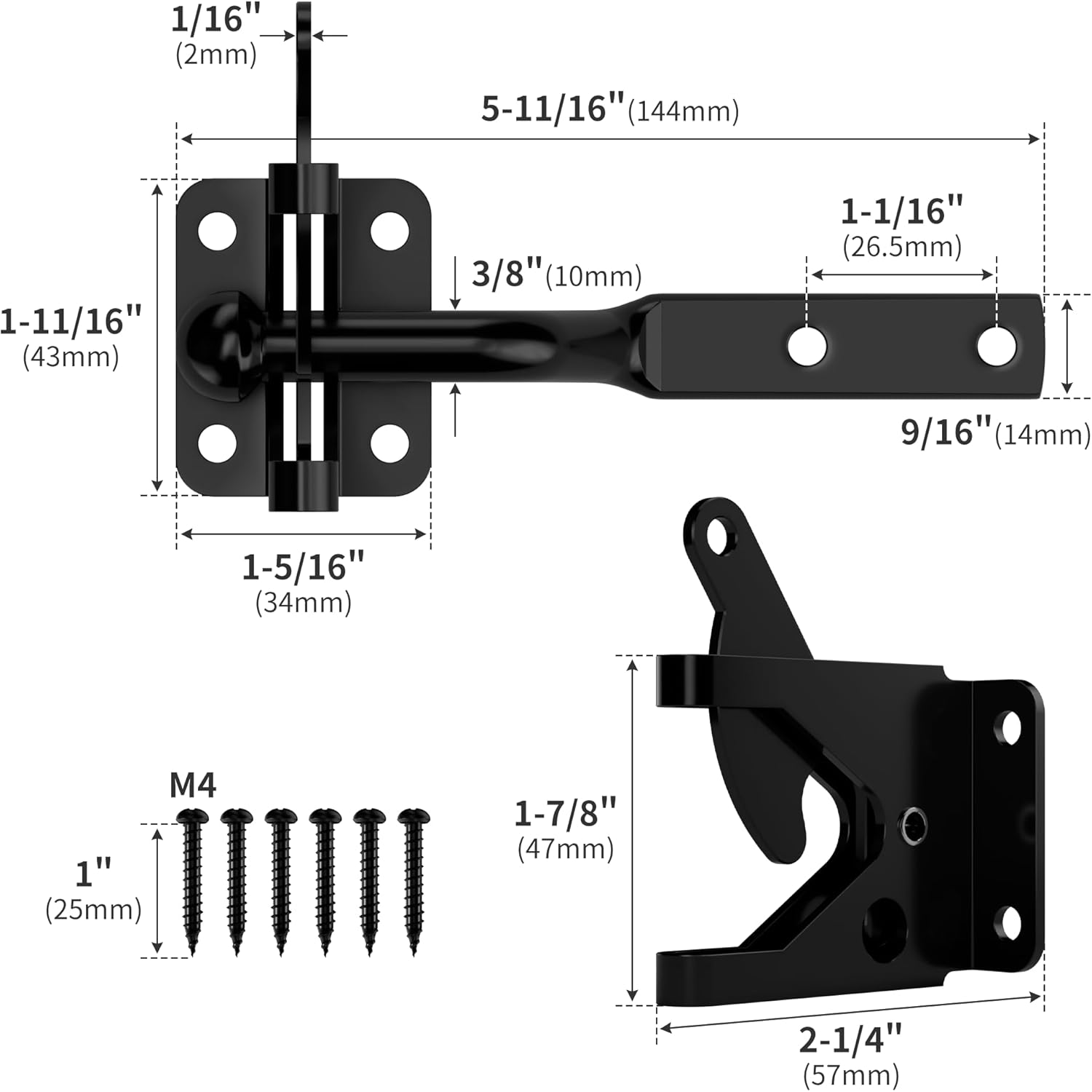 4 Pack, Heavy-Duty Self-Locking Gate Latch for Wood Fence Gate - Automatic Gravity Lever, 4.6in, Durable Steel Sincere, in Sleek,Automatic Gate Latch in Black