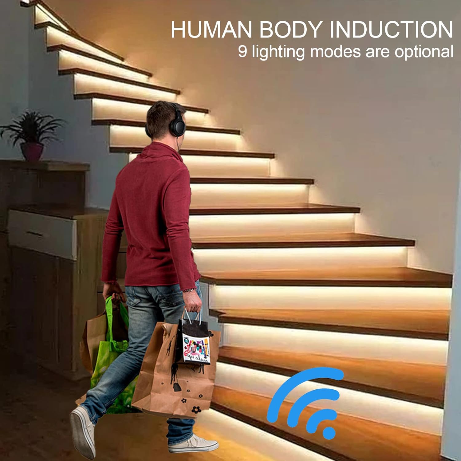 Indoor Stair Light Motion Sensor Wire Complete Set with COB LED Light Strip Automatic Staircase Stairway Light System Cascading Style Stair Light up One at a Time for New Construction