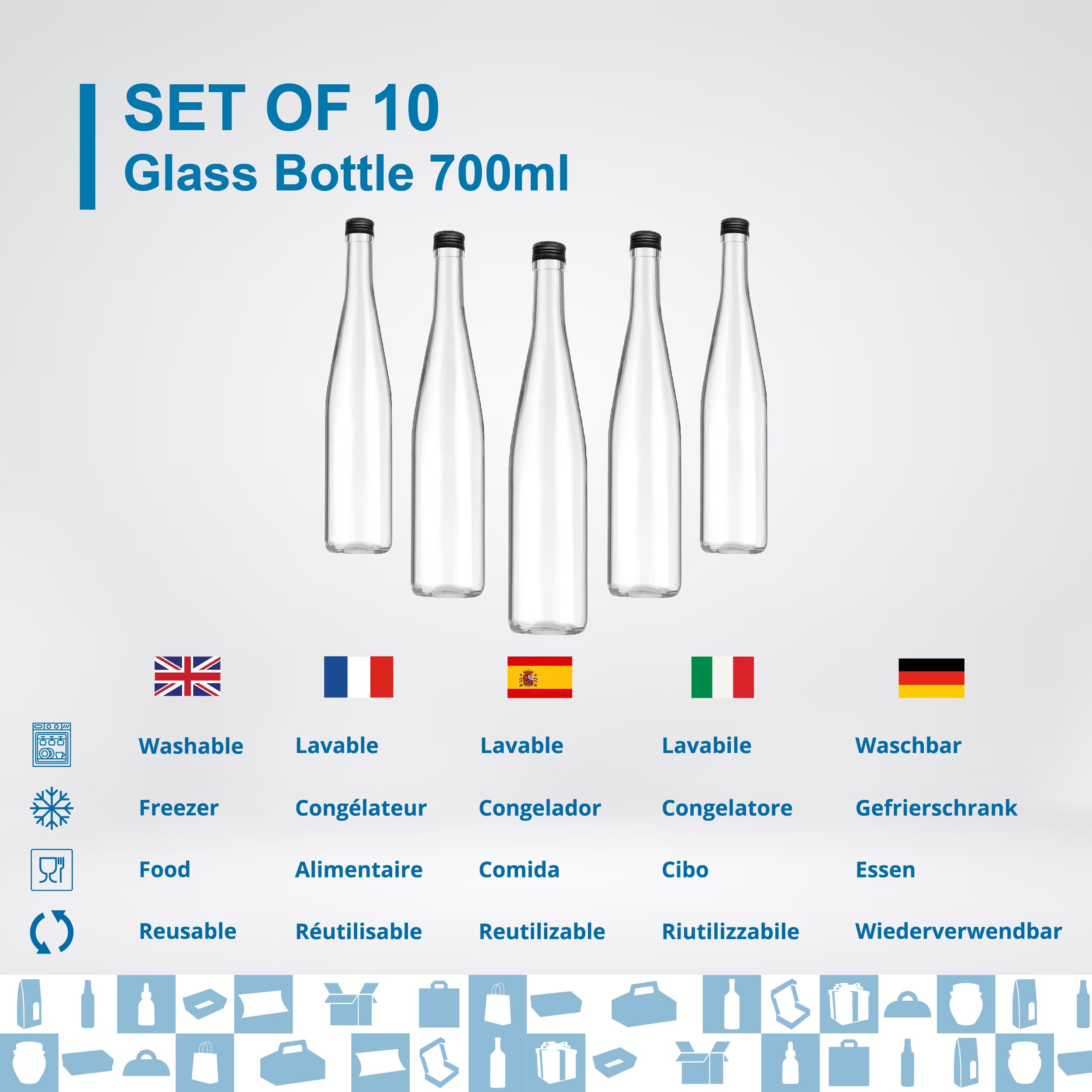 10 botellas de vidrio de 700 ml con tapón de rosca negro, ideales para bebidas espirituosas como ron, whiskey, vodka, aceite de oliva, agua y licor