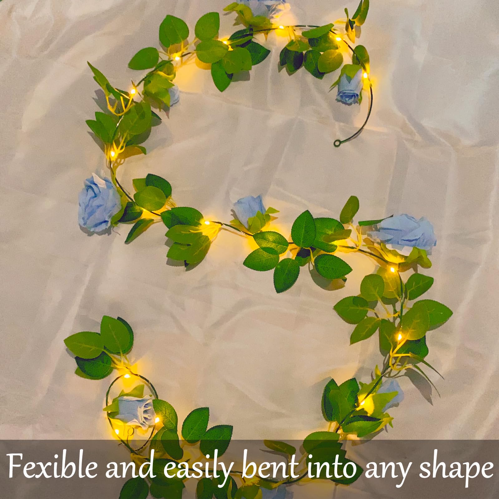 Fielegen 6.56 FT Halloween Artificial  Rose Vine Lights Fake Floral Garland Wall Decoration Faux Plants Rose Vine with 20 LED Fairy Lights Battery Operated String Lights for Garden Wedding Decor: Blue