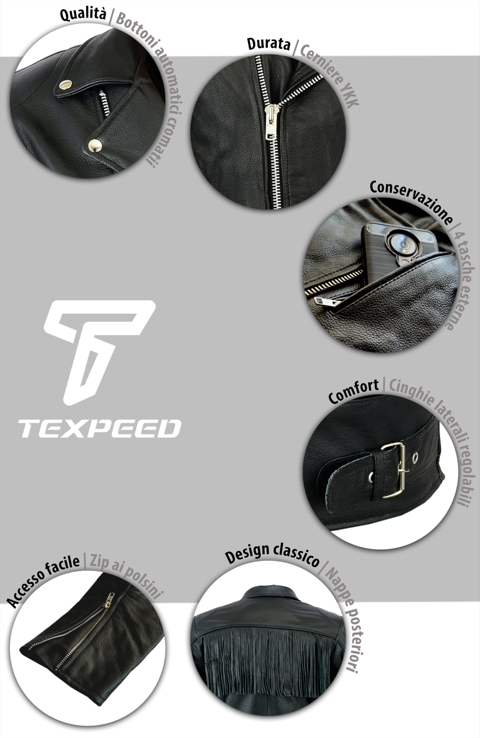 Texpeed Giacca Da Moto Uomo In Pelle Con Frange - Modello Marlon Brando, Con Protezioni CE Rimovibili (EN 1621-1), Colore Nero, Taglie Fino A 6XL - 3
