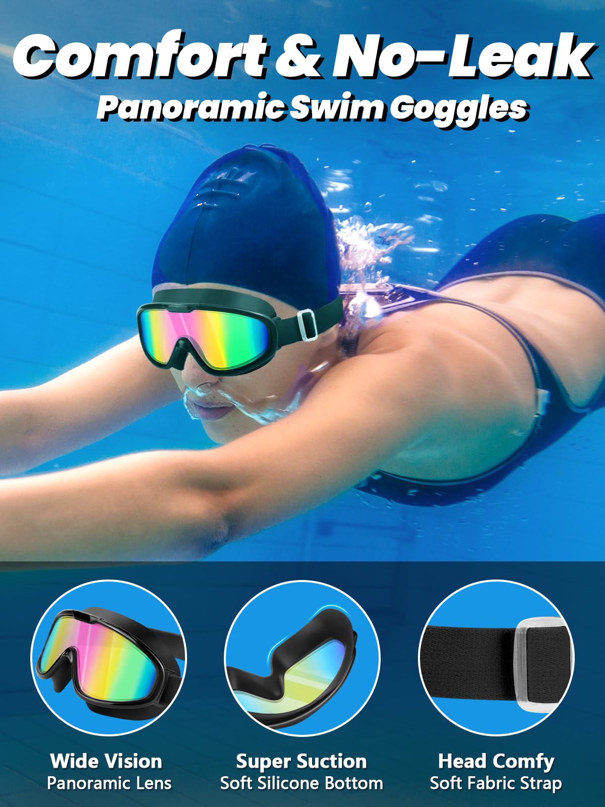 sliwo Swim Goggles 2 Pack, Wide View Anti Fog&UV Comfort Fabric Strap No Leaking Swimming Goggles for Adult Men Women Youth