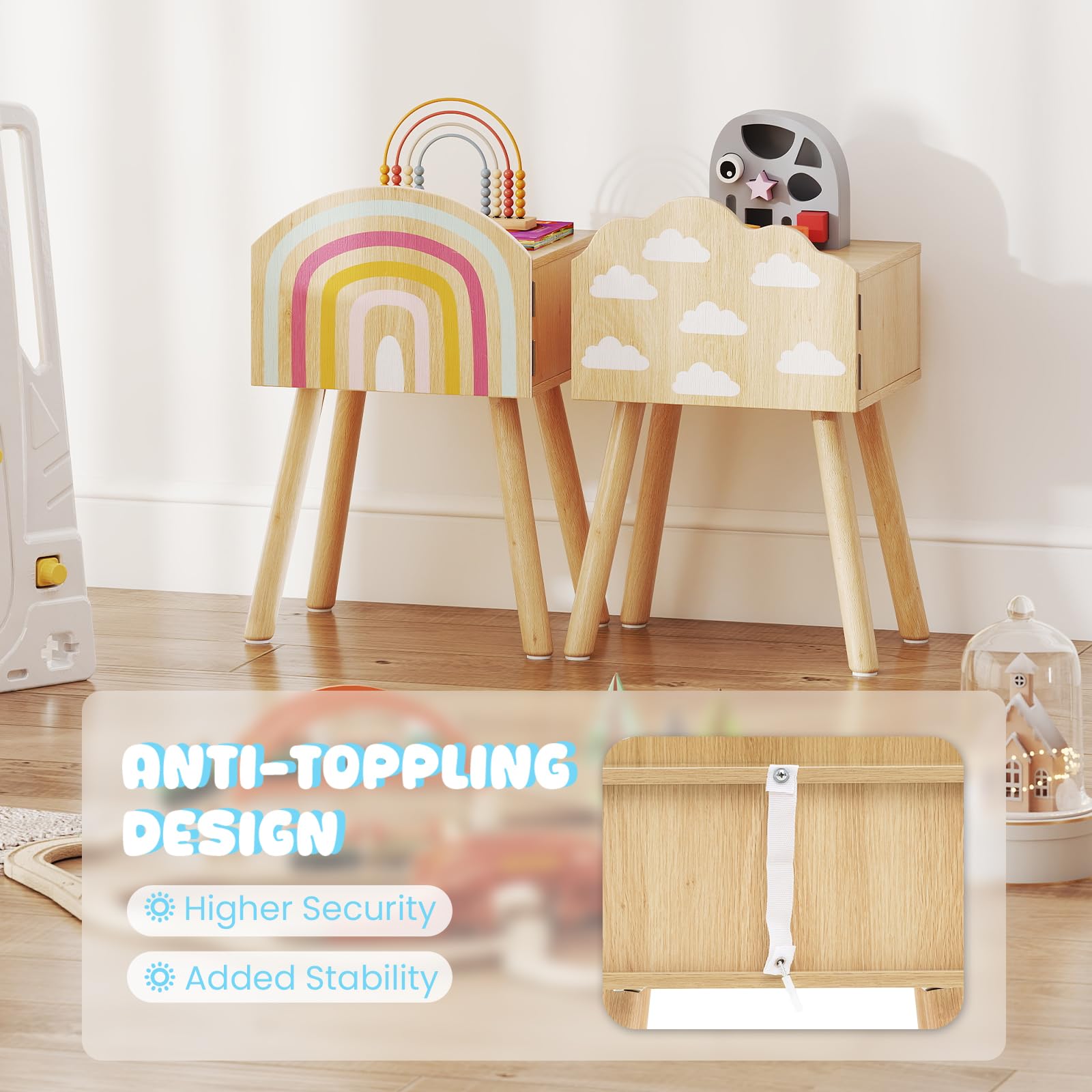KOMFOTTEU Set di 2 comodini per bambini, comodini per bambini, con gambe in legno massello, tavolino ausiliario con dispositivo antiribaltamento, tavolo testiera con motivi arcobaleno e nuvole