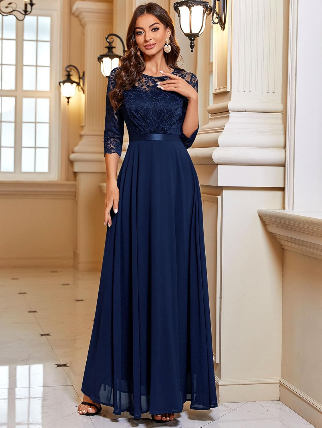 Miusol Women's Vintage Flora Lace Contrast Chiffon 3/4 Sleeve Bridesmaid Formal Maxi Dress (Small, Navy Blue) - Image 6