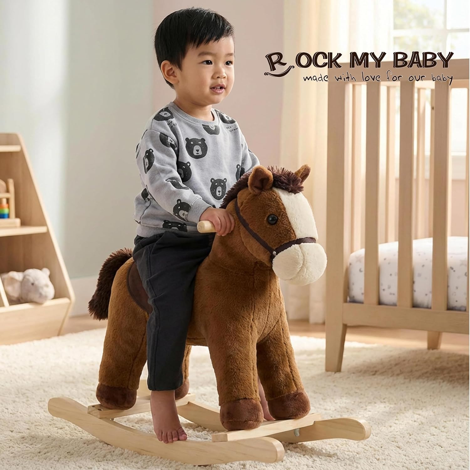 Gioco di cavallo a dondolo marrone scuro per bambini dai 18 mesi in su, giocattolo in peluche con suono realistico, imbottitura morbida, certificato CPC (marrone chiaro)