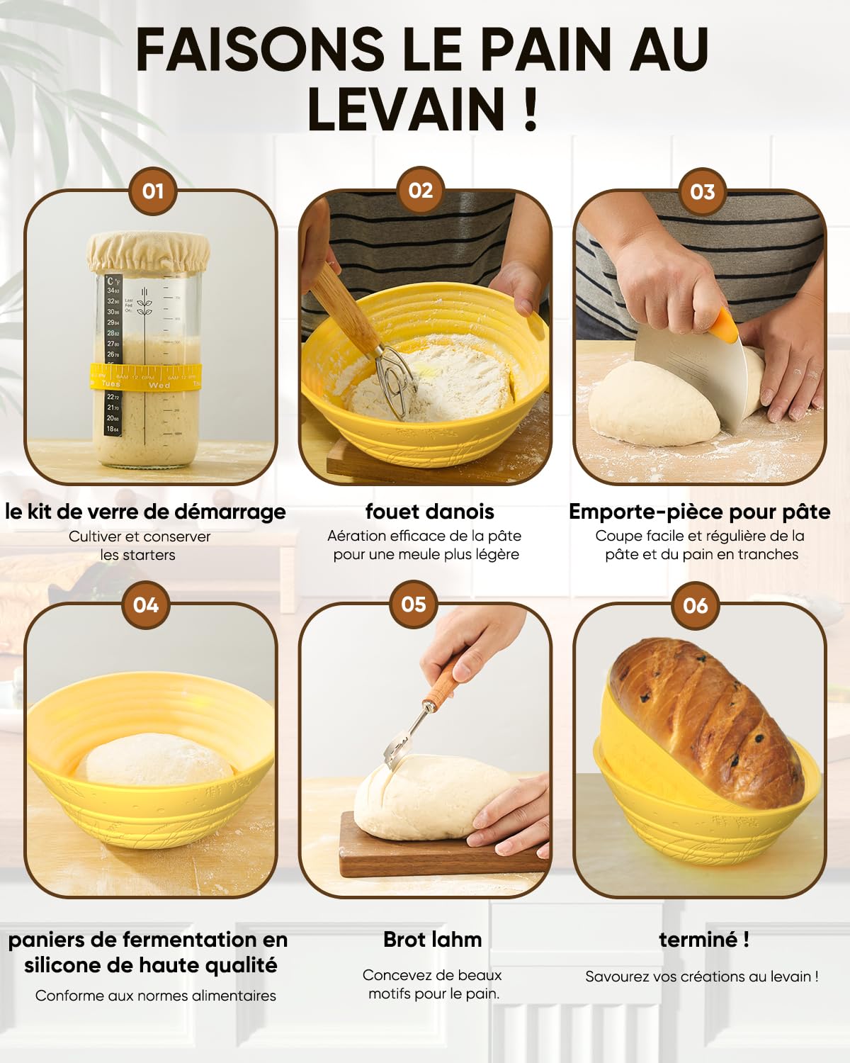 Banneton pour Pain,2 Corbeille a Pain set en Silicone Ovale et Rond,1000ml Bocal de Fermentation,Kit de Démarrage de Sourdough