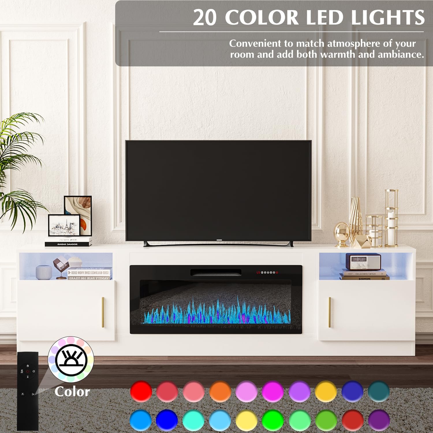 Image showing the VITESSE TV stand with LED lights displaying various colors, along with the remote control and a color palette.