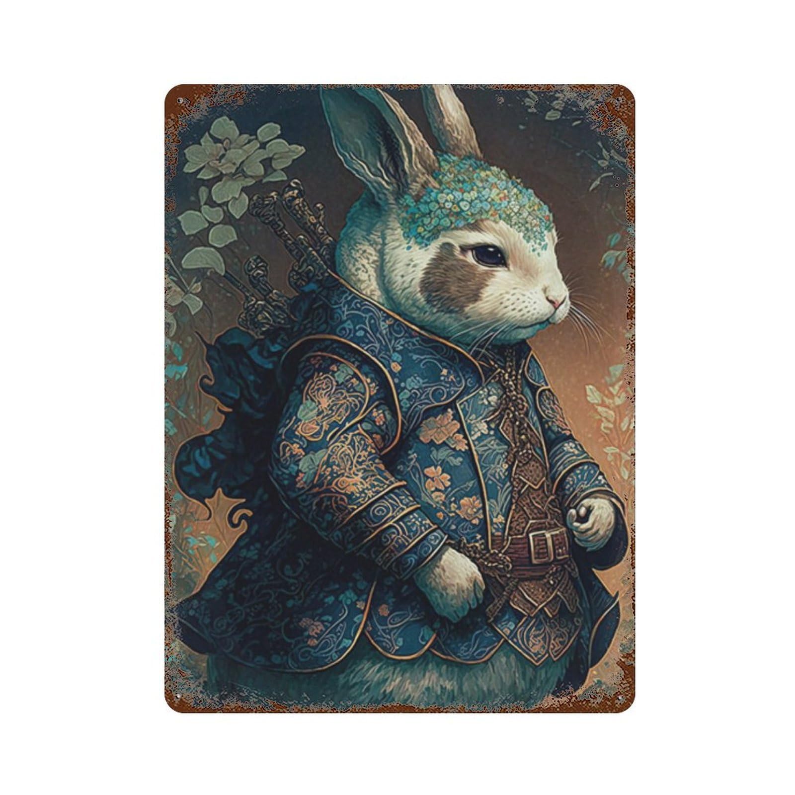 Rust Effect Rabbit in Victorian Armor Rusty Metal Tin Sign 15.7"x11.8", Decorative Metal Wall Art for Farmhouse, Kitchen And Entryway Decor