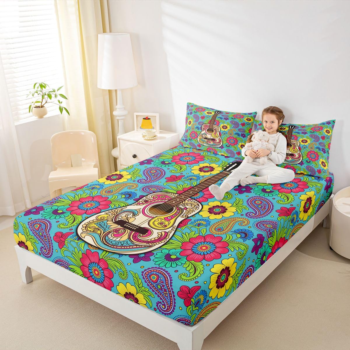 Homewish Paisley zestaw prześcieradeł podwójne boho kwiatowe prześcieradła lata 70. hipisowska gitara muzyczna pościel - egzotyczny kwiat boho prześcieradła zestaw 4-częściowy