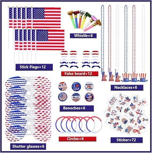 Miniatura 3 de CAMIRUS Recuerdos de fiesta del 4 de julio, 126 piezas de accesorios patrióticos, banderas de Estados Unidos, collares, palillos brillantes,