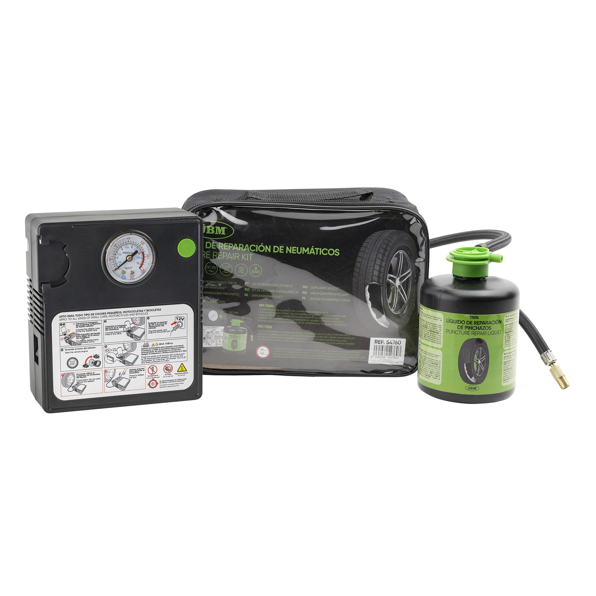KIT SELLADOR DE PINCHAZOS - LÍQUIDO Y COMPRESOR DE AIRE JBM 54760