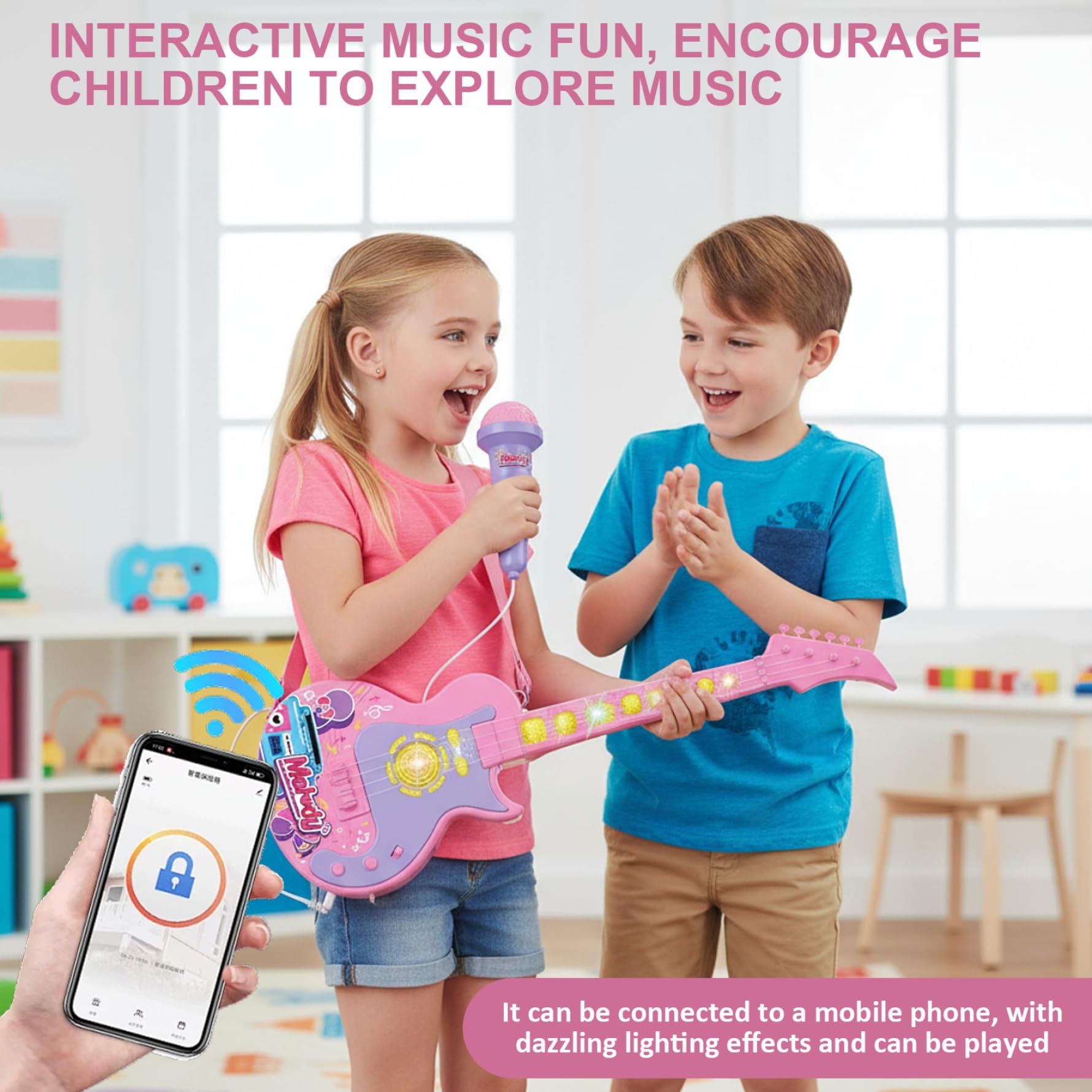 Juego de Guitarra y micrófono para niños con música y luz Guitarra micrófono 2 en 1 para niños pequeños