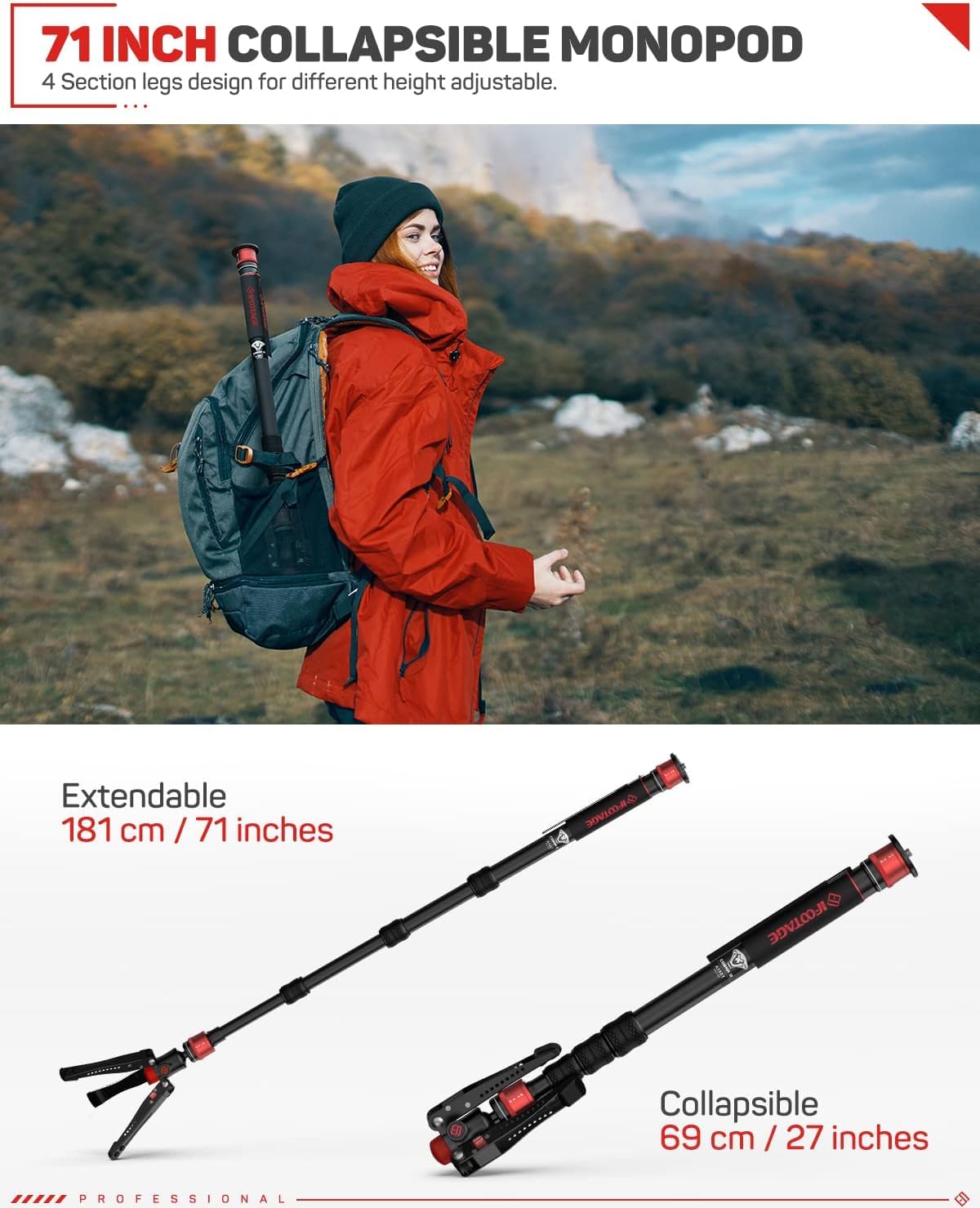 IFOOTAGE Cobra 3 A180T Fotografie-Kamera-Einbeinstativ mit Standfüßen, Drehverschluss-Design für monopod stativ mit abnehmbarem Stativfuß, Canon, Nikon, Sony, DSLR & Videokamera
